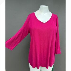 Eileen Fisher Large Pink 100% Linen V-Neck 3/4 Sleeve Top Slub Knit Coastal Tee